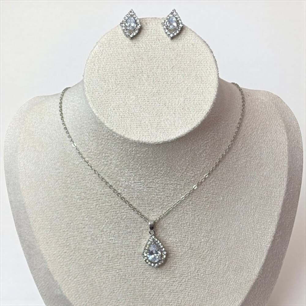 Silver Teardrop Crystal Necklace & Earrings Set
